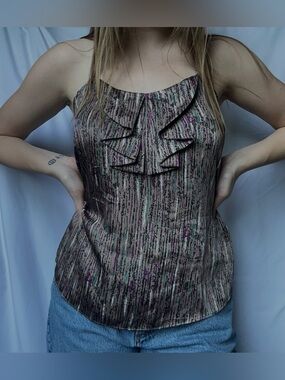 Apostrophe Brown and Purple Silk-like Top with Ruffle Detail on Front
